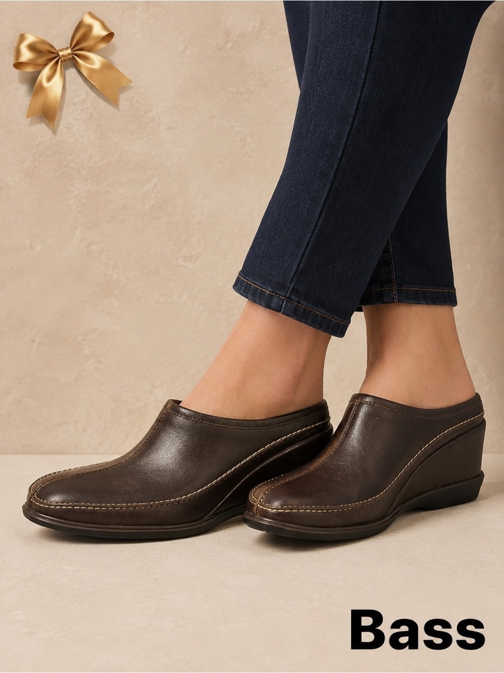 Bass Chocolate Brown Leather Wedge Mule Shoes Size 9.5M EUC